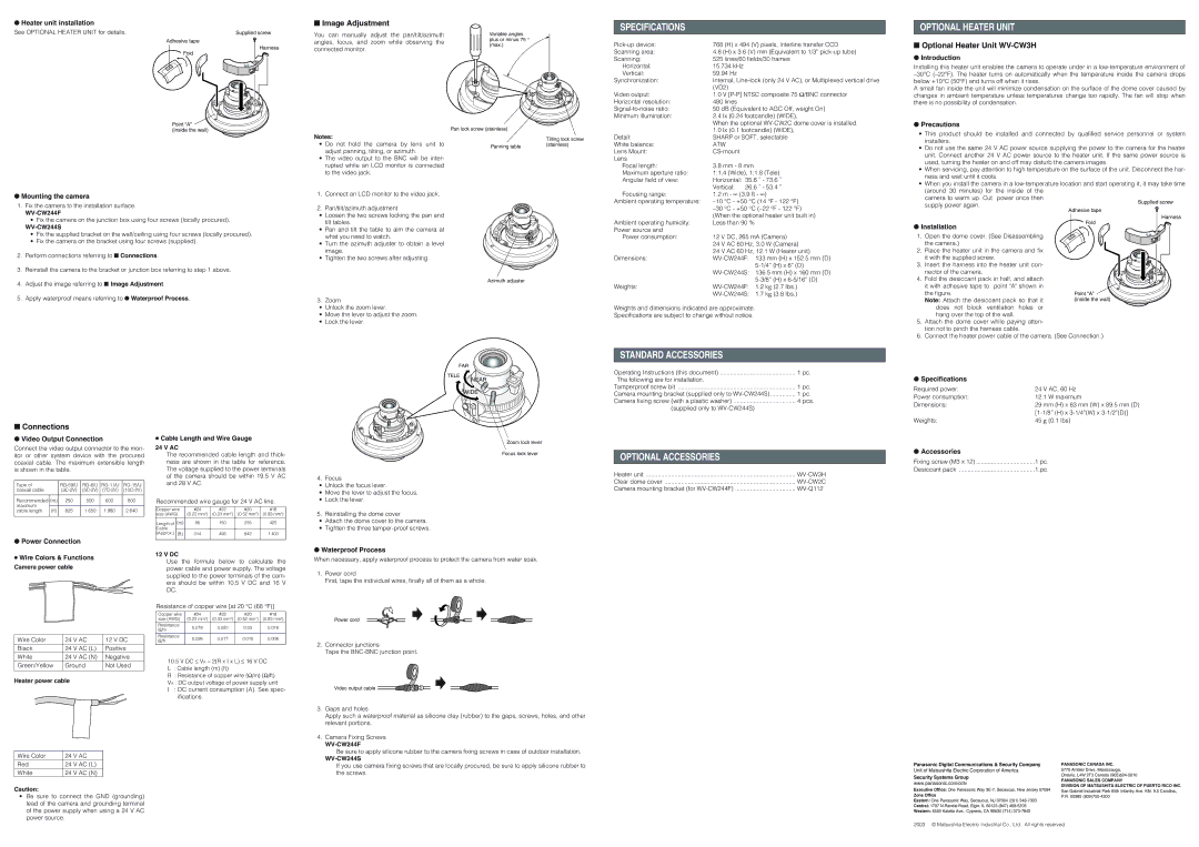 Panasonic WV-CW244F, WV-CW244S operating instructions Specifications, Standard Accessories, Optional Accessories 