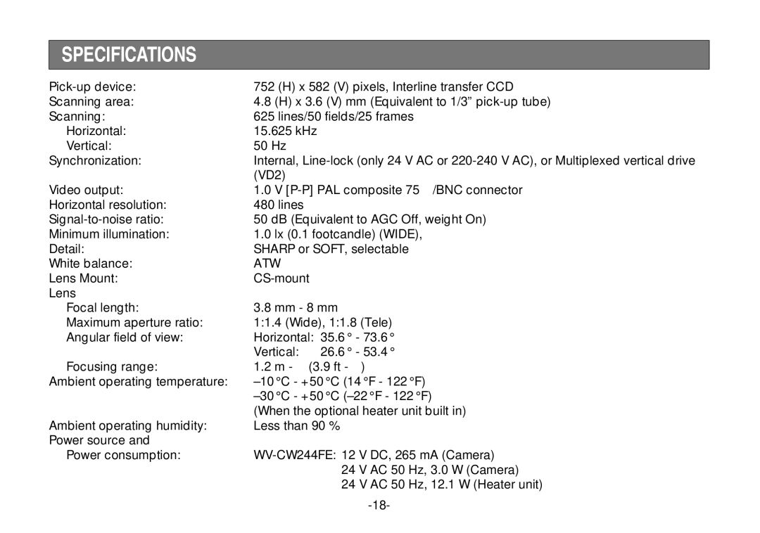 Panasonic WV-CW244FE, WV-CW240S operating instructions Specifications, Atw 