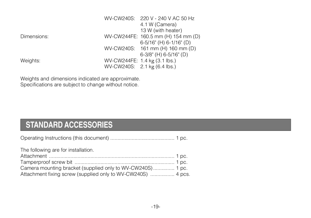 Panasonic WV-CW240S, WV-CW244FE operating instructions Standard Accessories 