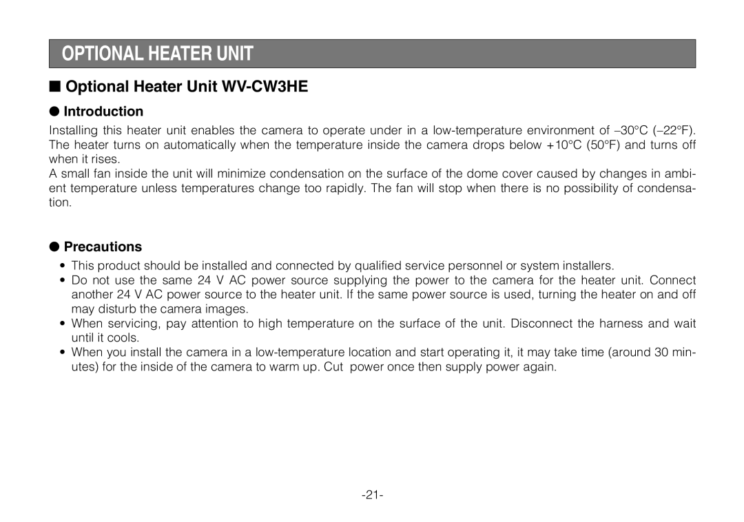 Panasonic WV-CW240S, WV-CW244FE operating instructions Optional Heater Unit WV-CW3HE, Introduction, Precautions 