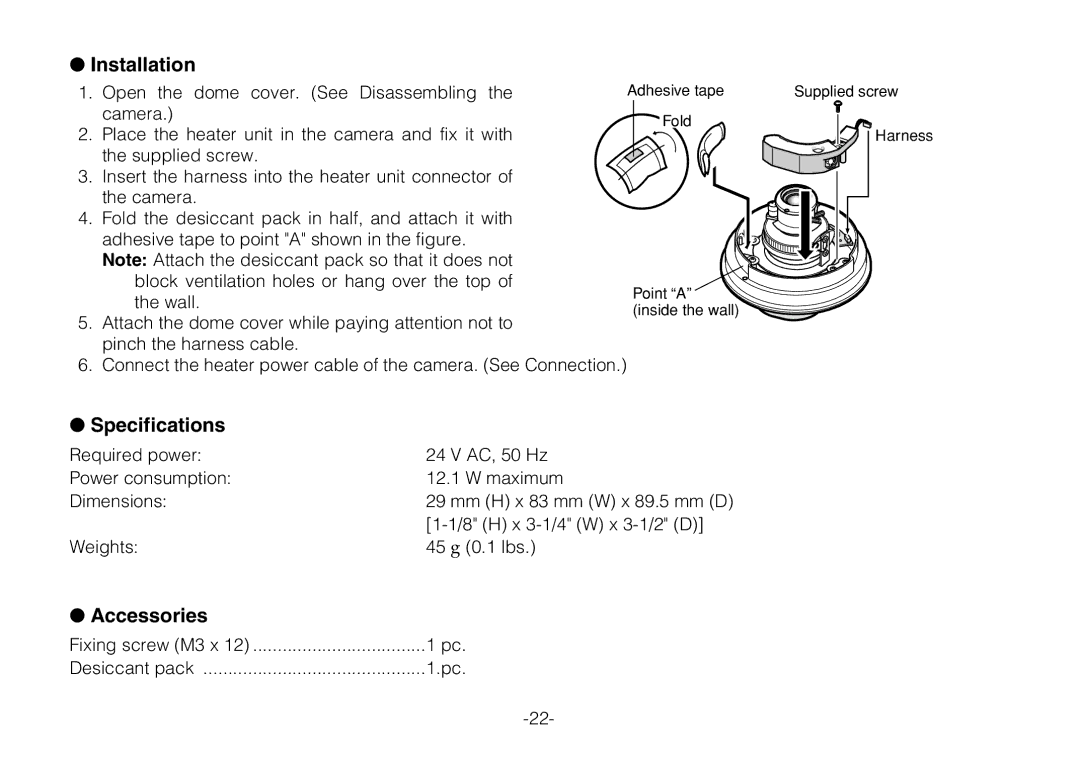 Panasonic WV-CW244FE, WV-CW240S operating instructions Installation, Specifications, Accessories 