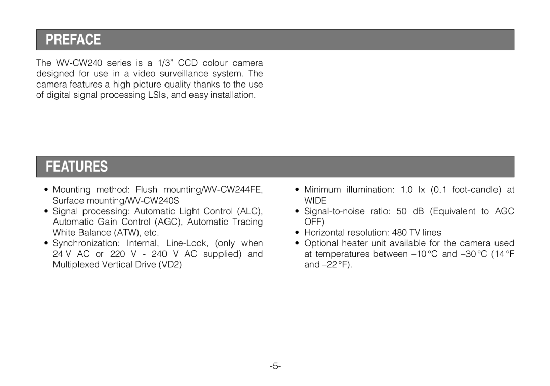 Panasonic WV-CW240S, WV-CW244FE operating instructions Preface, Features 