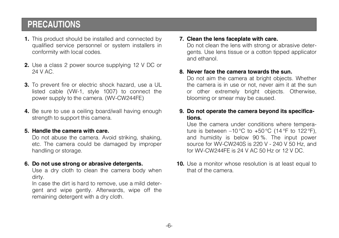 Panasonic WV-CW244FE, WV-CW240S operating instructions Precautions 