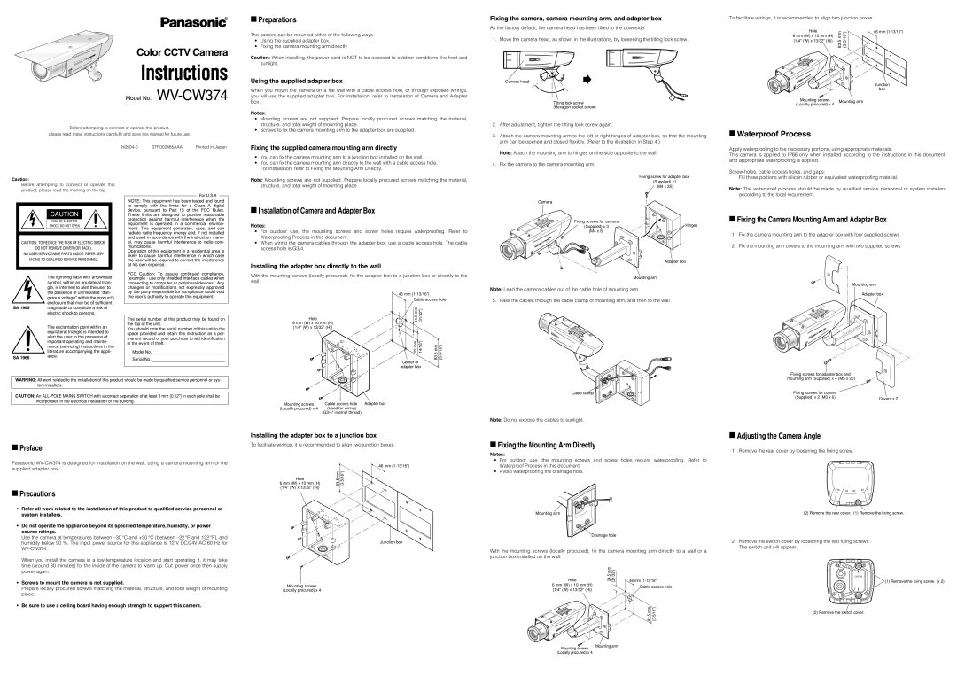 Panasonic WV-CW374 user service Preparations, Waterproof Process, Installation of Camera and Adapter Box, Preface 