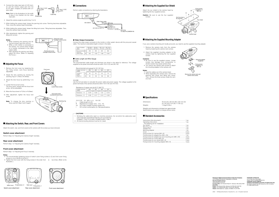 Panasonic WV-CW374 Connections, Attaching the Supplied Sun Shield, Attaching the Supplied Mounting Adapter, Specifications 