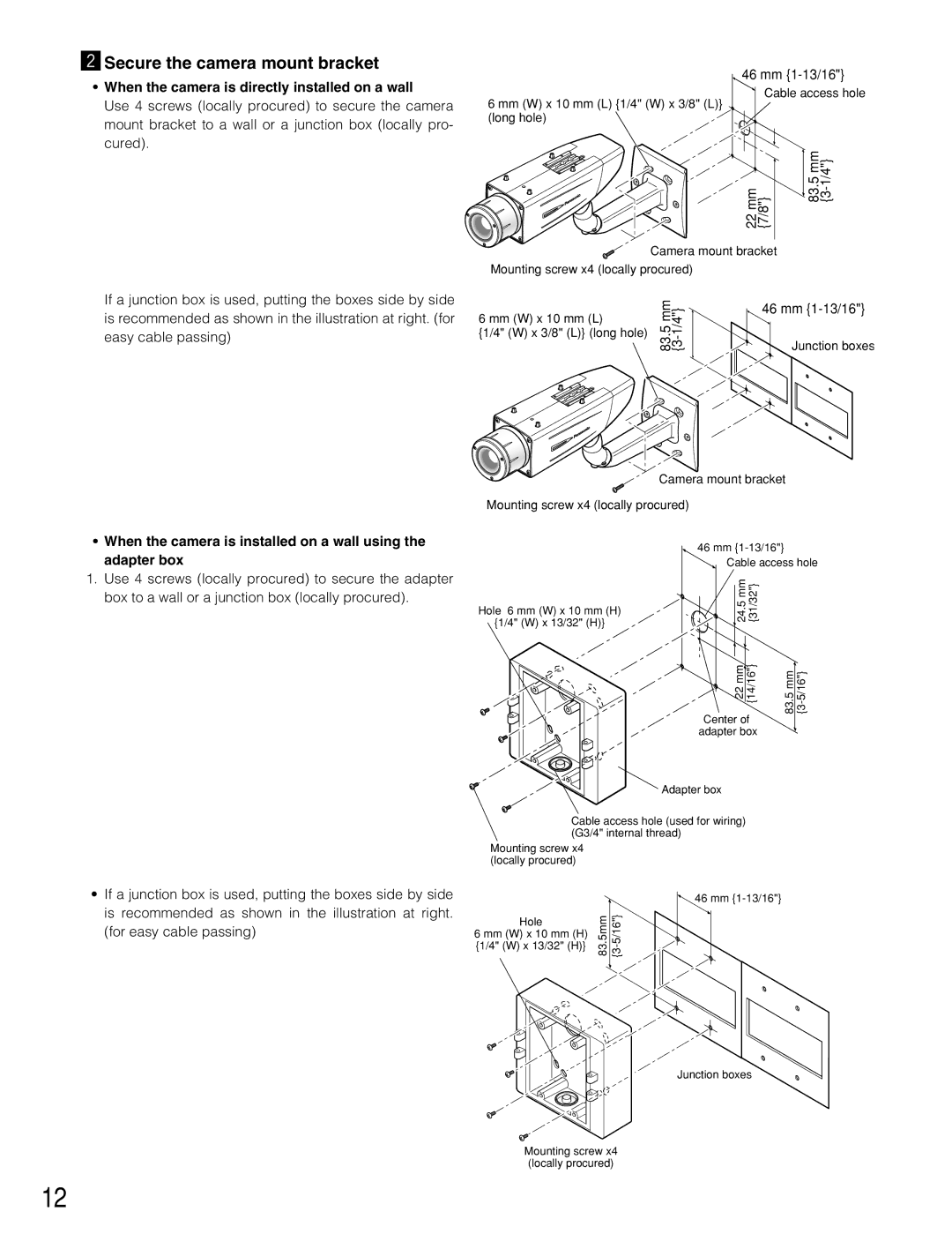 Panasonic WV-CW384 operating instructions XSecure the camera mount bracket, When the camera is directly installed on a wall 