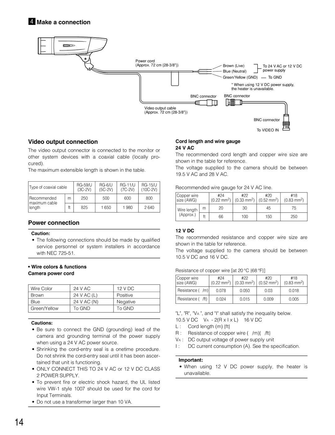 Panasonic WV-CW384 VMake a connection, Video output connection, Power connection, Cord length and wire gauge 24 V AC 