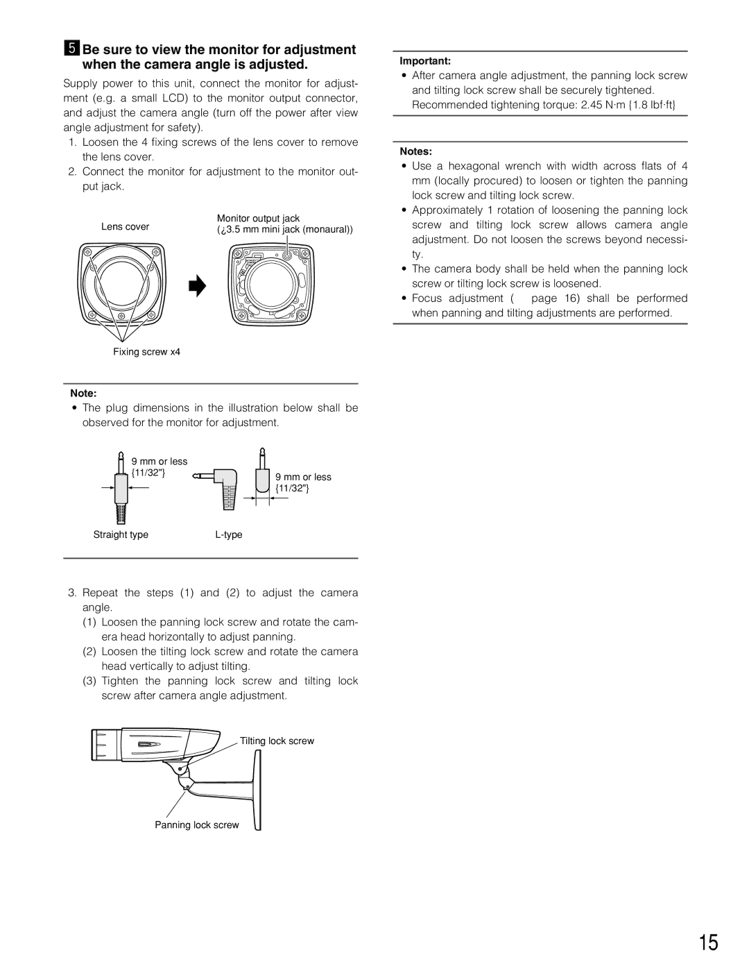 Panasonic WV-CW384 operating instructions Mm or less 11/32 9 mm or less 11/32 Straight type Type 