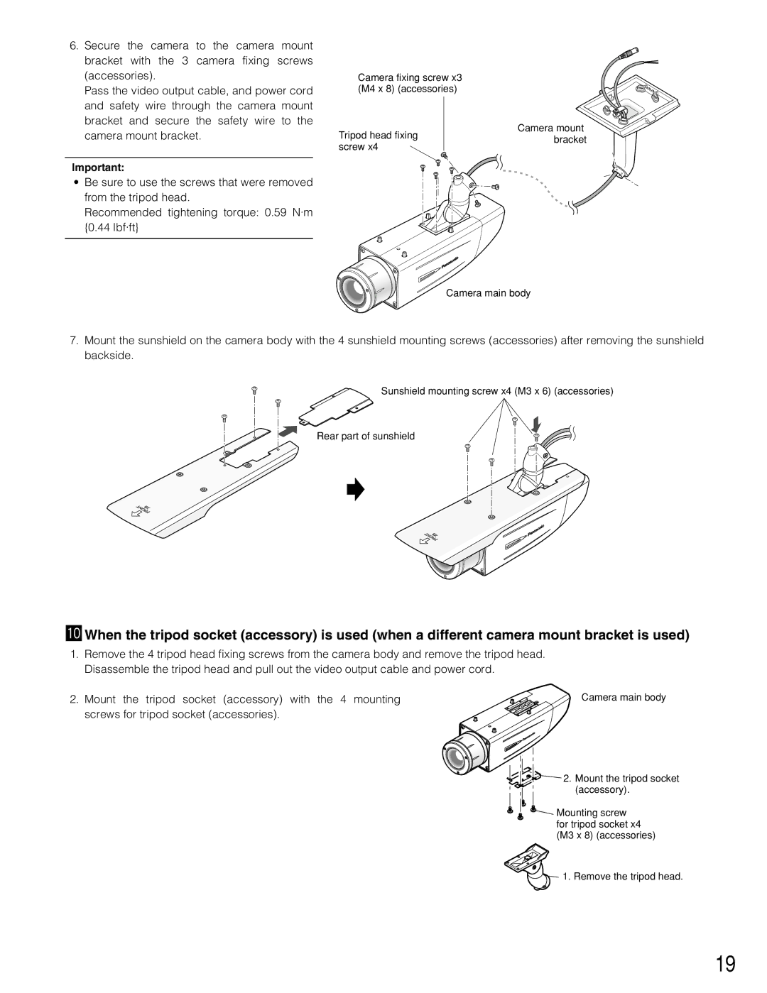 Panasonic WV-CW384 operating instructions Screws for tripod socket accessories 