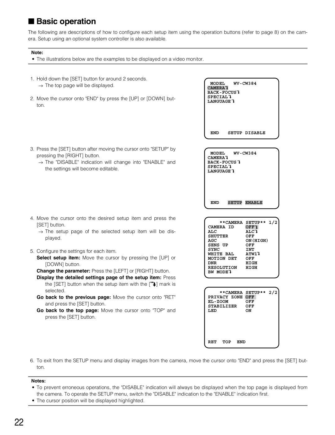 Panasonic operating instructions Basic operation, Model WV-CW384 Camera BACK-FOCUS Special Language END 