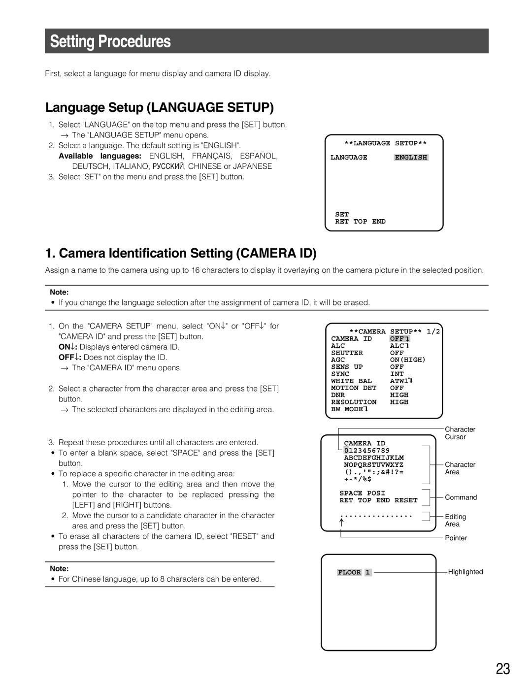 Panasonic WV-CW384 Setting Procedures, Language Setup Language Setup, Camera Identification Setting Camera ID 