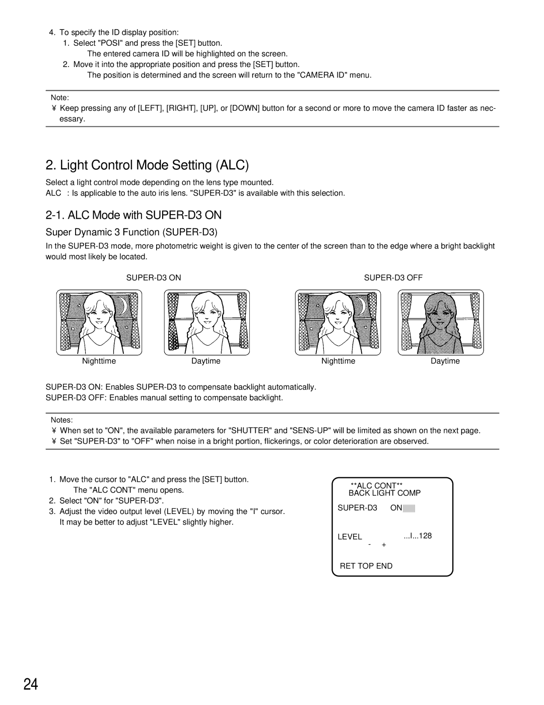 Panasonic WV-CW384 operating instructions Light Control Mode Setting ALC, Super Dynamic 3 Function SUPER-D3 