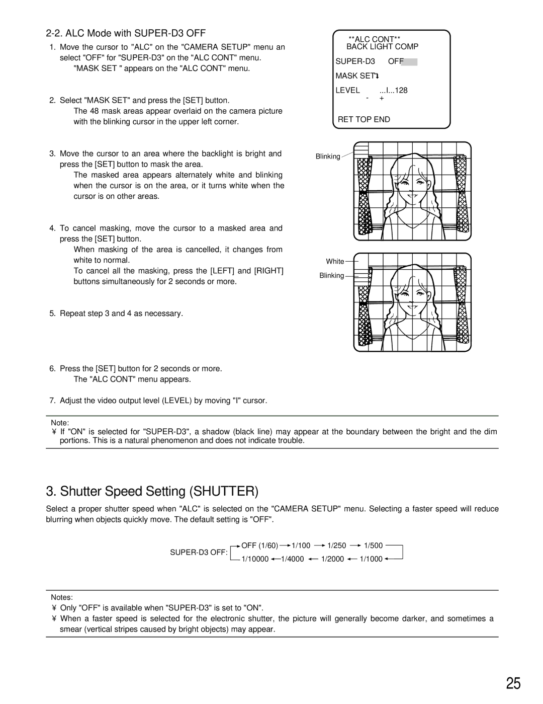 Panasonic WV-CW384 operating instructions Shutter Speed Setting Shutter, ALC Mode with SUPER-D3 OFF 