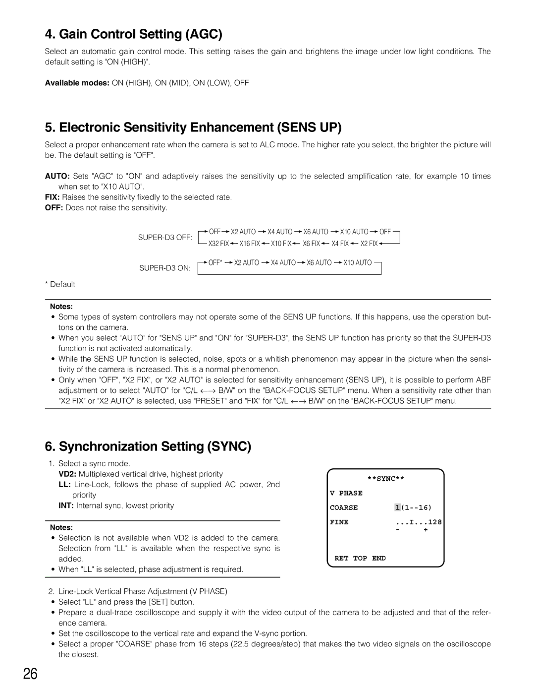 Panasonic WV-CW384 Gain Control Setting AGC, Electronic Sensitivity Enhancement Sens UP, Synchronization Setting Sync 