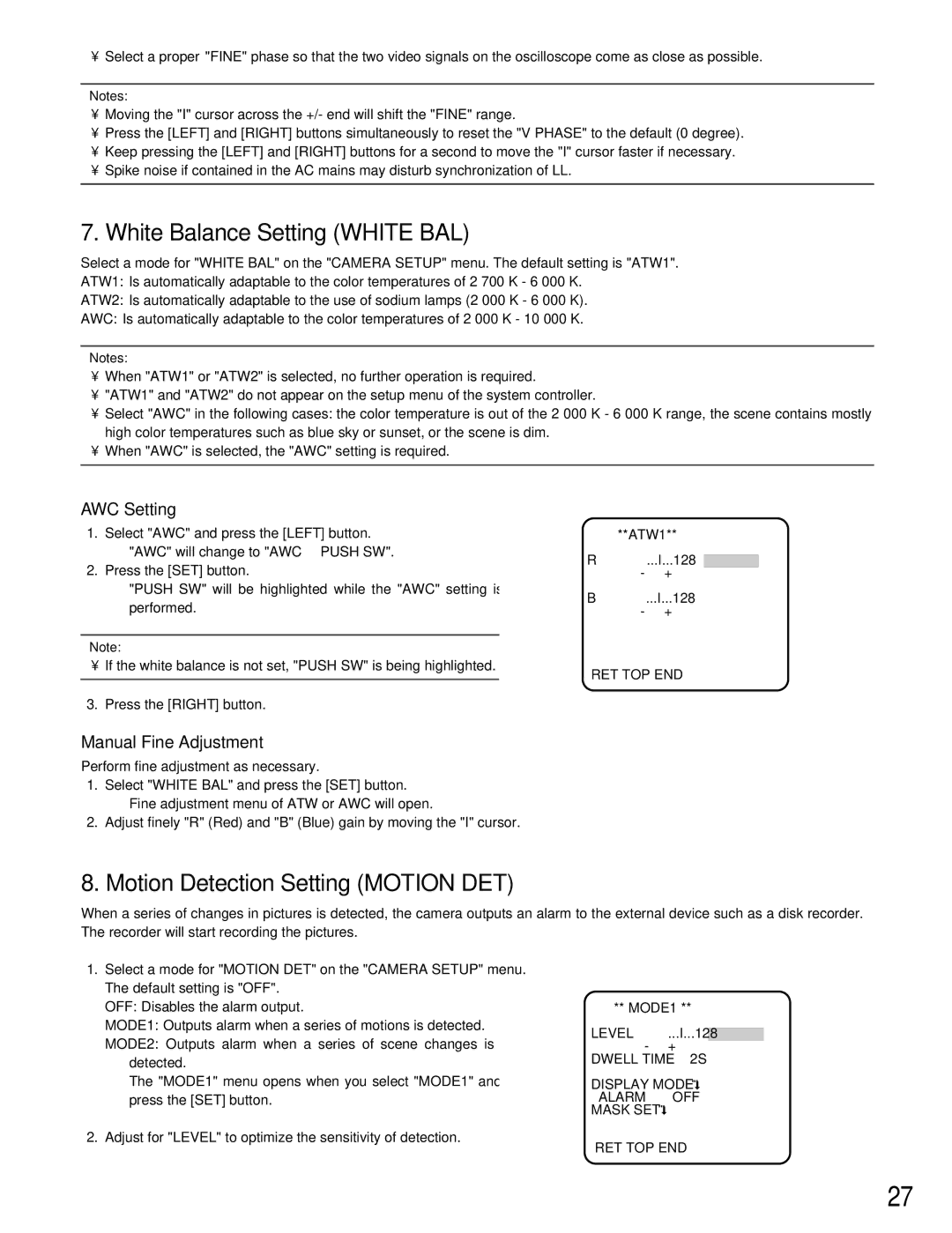 Panasonic WV-CW384 operating instructions White Balance Setting White BAL, Motion Detection Setting Motion DET, AWC Setting 