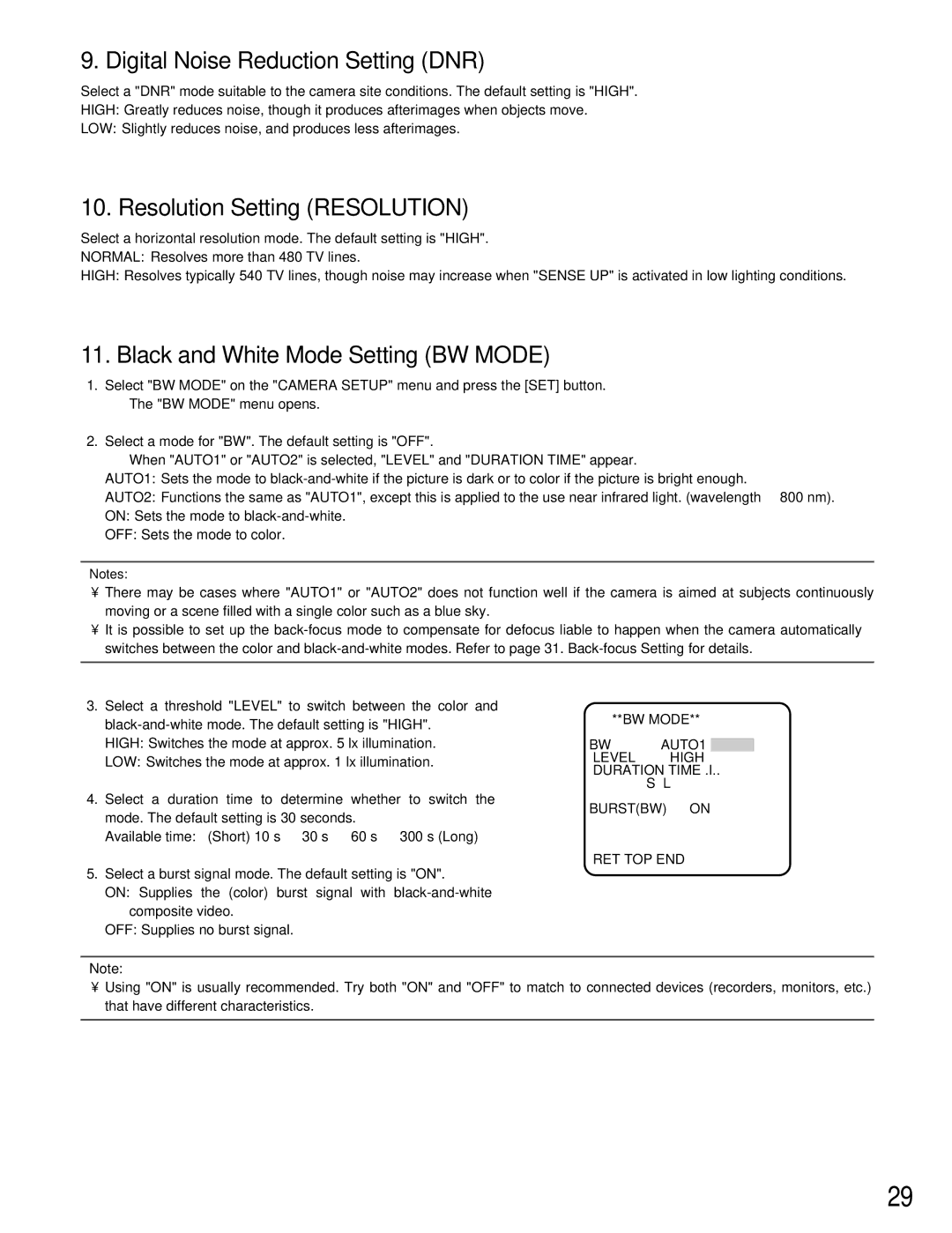 Panasonic WV-CW384 operating instructions Digital Noise Reduction Setting DNR, Resolution Setting Resolution 