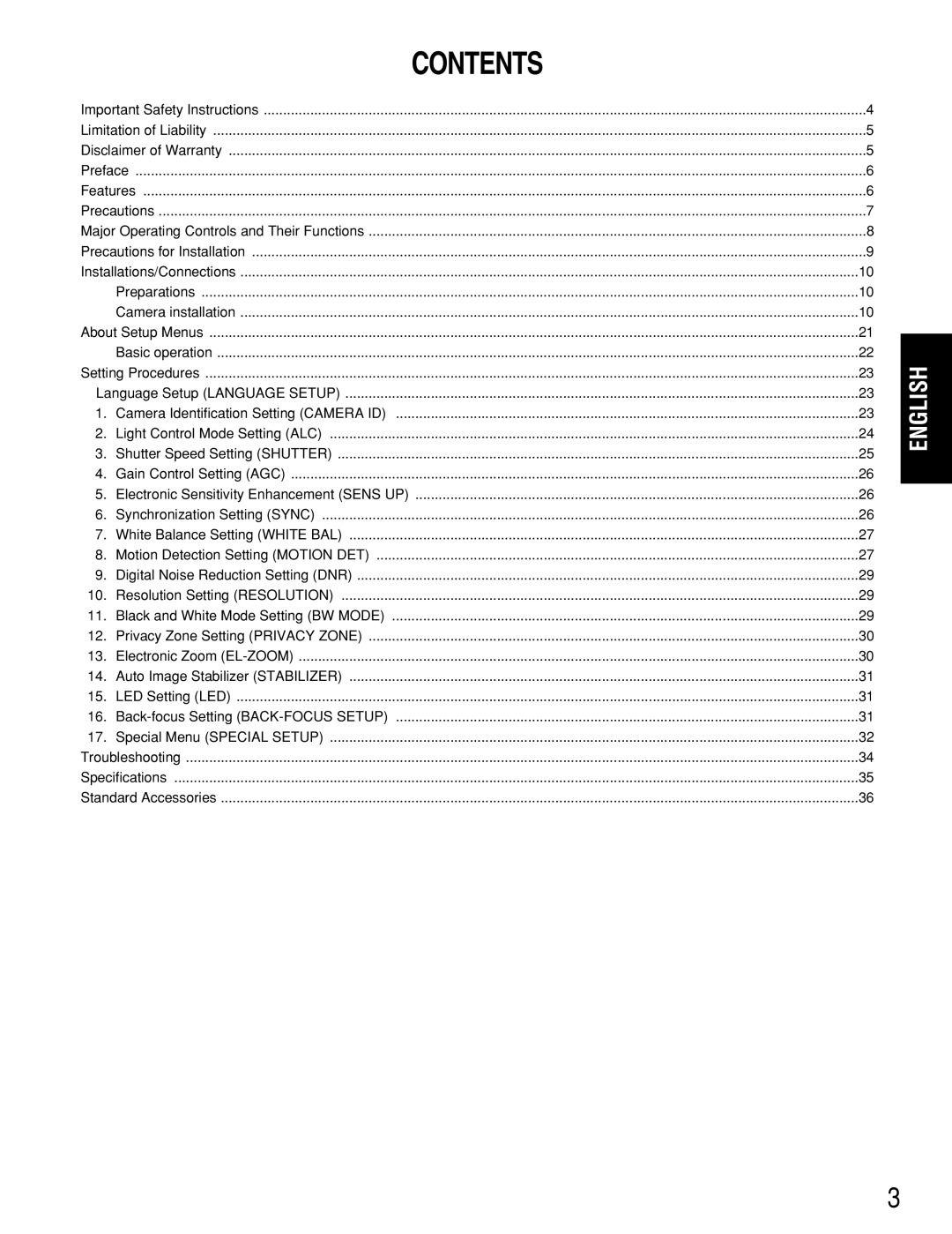 Panasonic WV-CW384 operating instructions Contents 