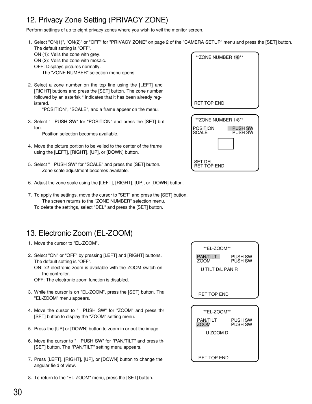 Panasonic WV-CW384 operating instructions Privacy Zone Setting Privacy Zone, Electronic Zoom EL-ZOOM 