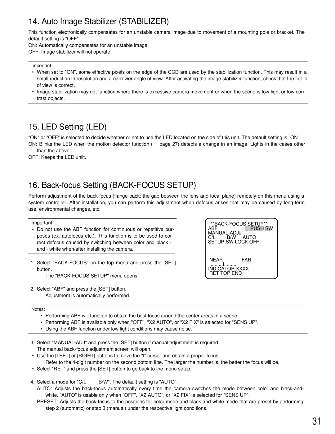 Panasonic WV-CW384 Auto Image Stabilizer Stabilizer, LED Setting LED, Back-focus Setting BACK-FOCUS Setup 