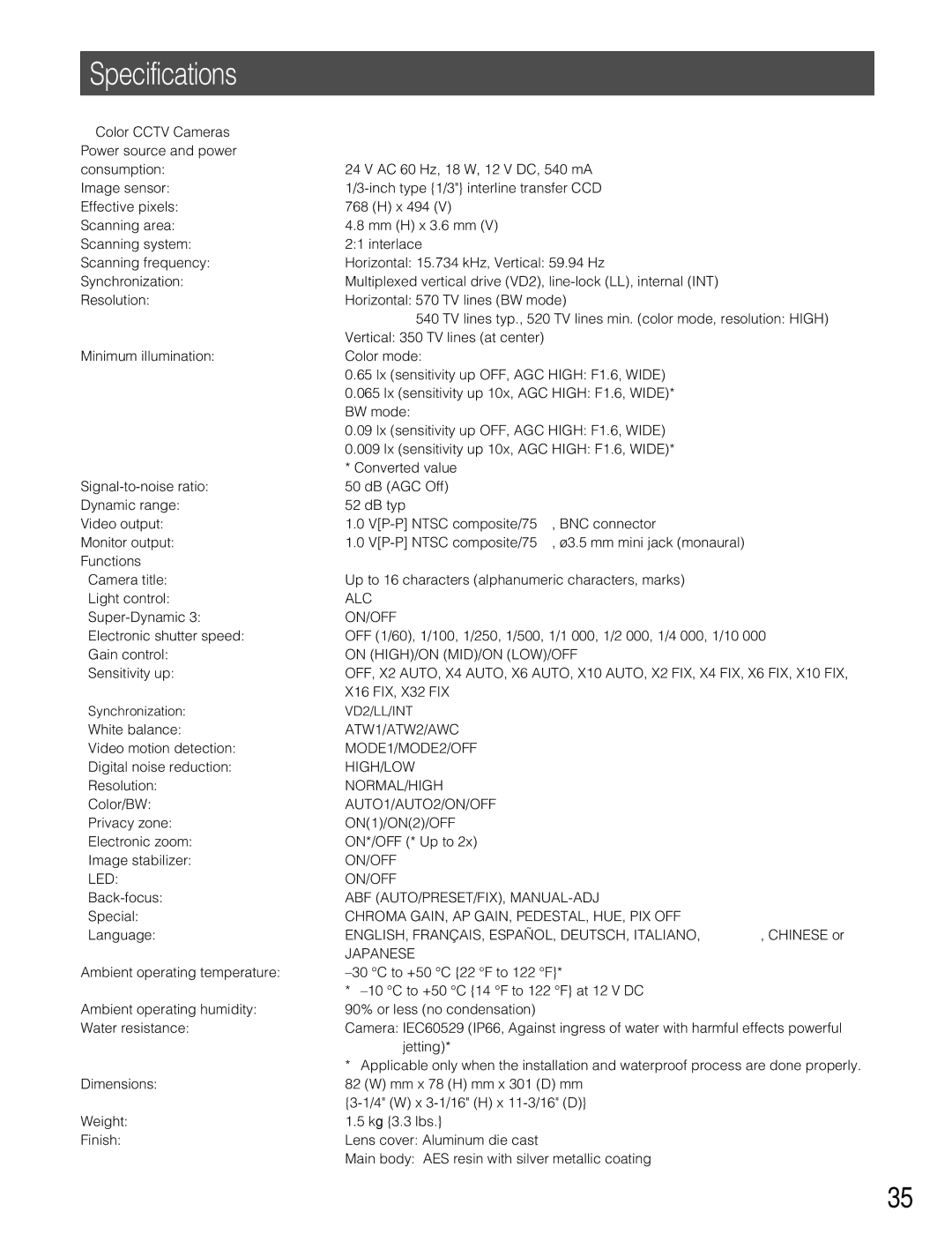 Panasonic WV-CW384 operating instructions Specifications, Color Cctv Cameras 