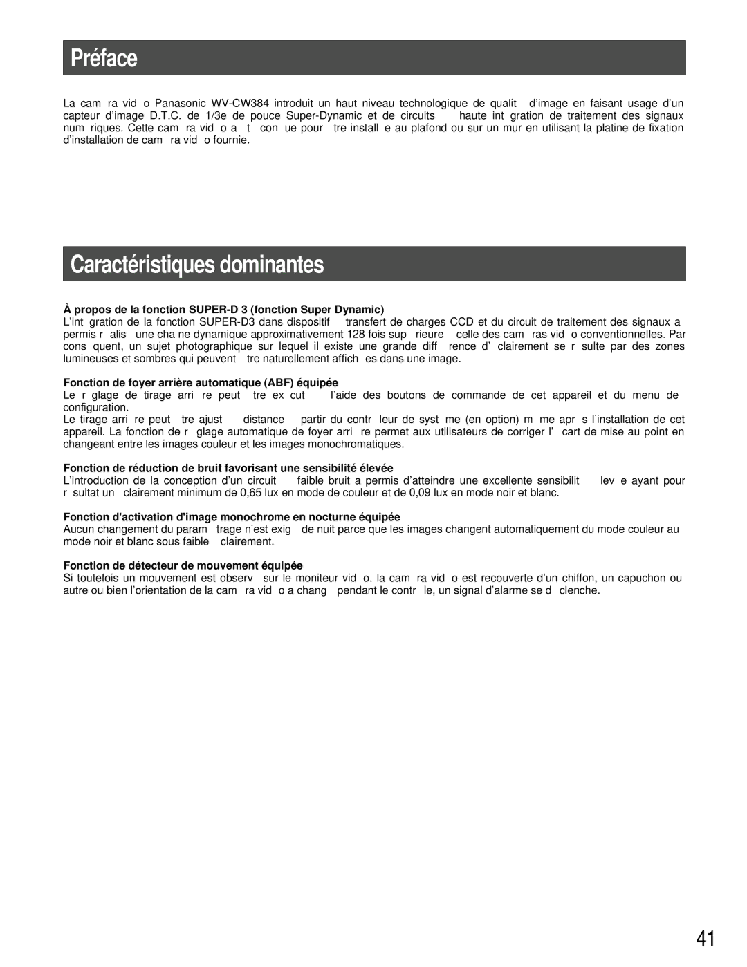 Panasonic WV-CW384 operating instructions Préface, Caractéristiques dominantes 