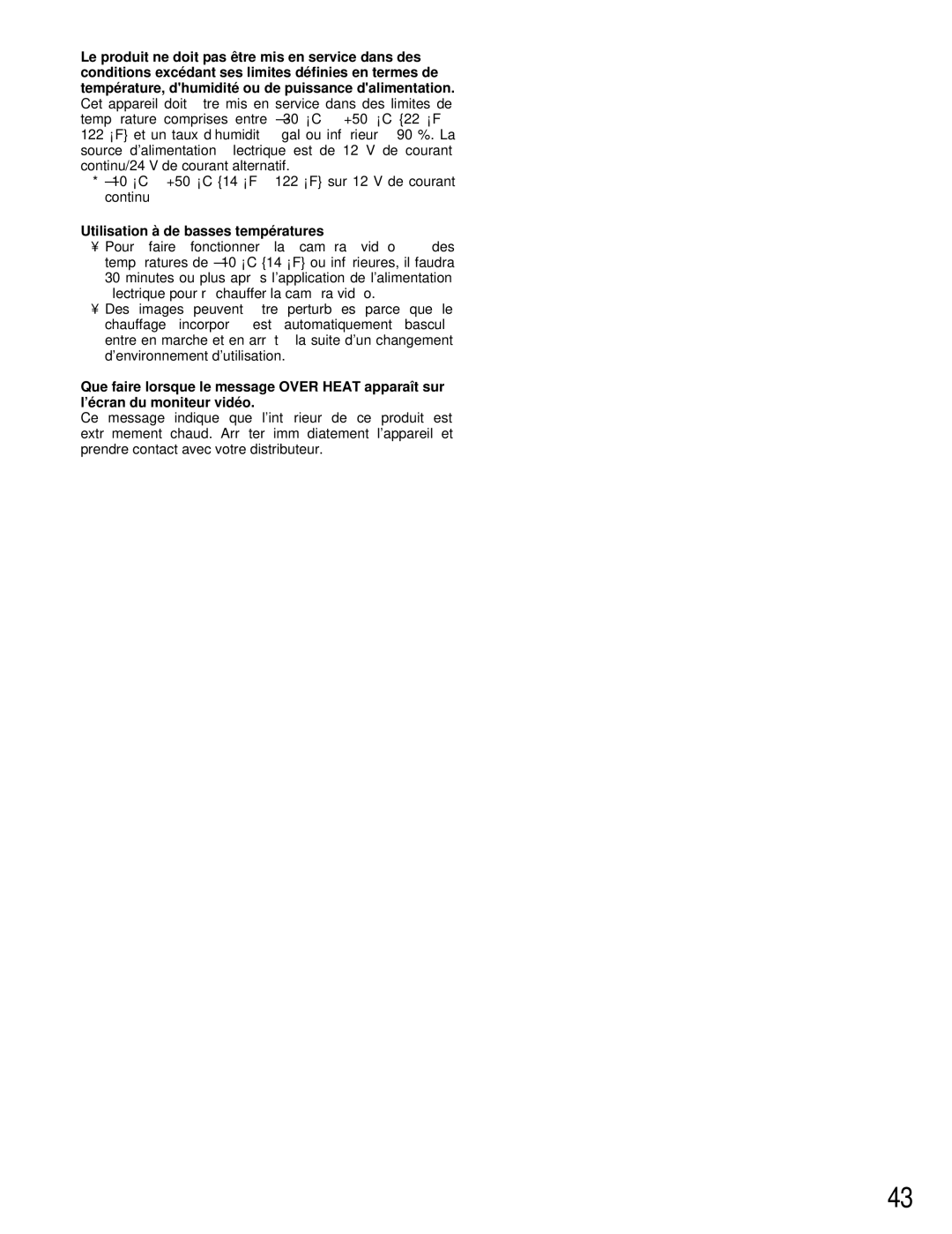 Panasonic WV-CW384 operating instructions Utilisation à de basses températures 