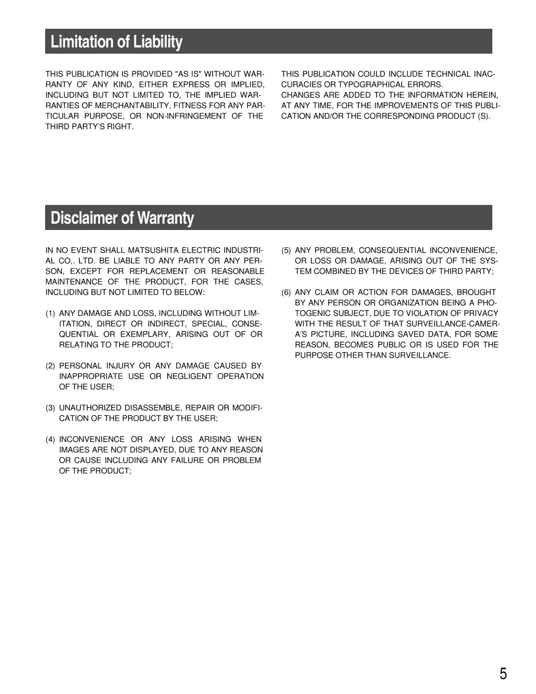 Panasonic WV-CW384 operating instructions Limitation of Liability, Disclaimer of Warranty 