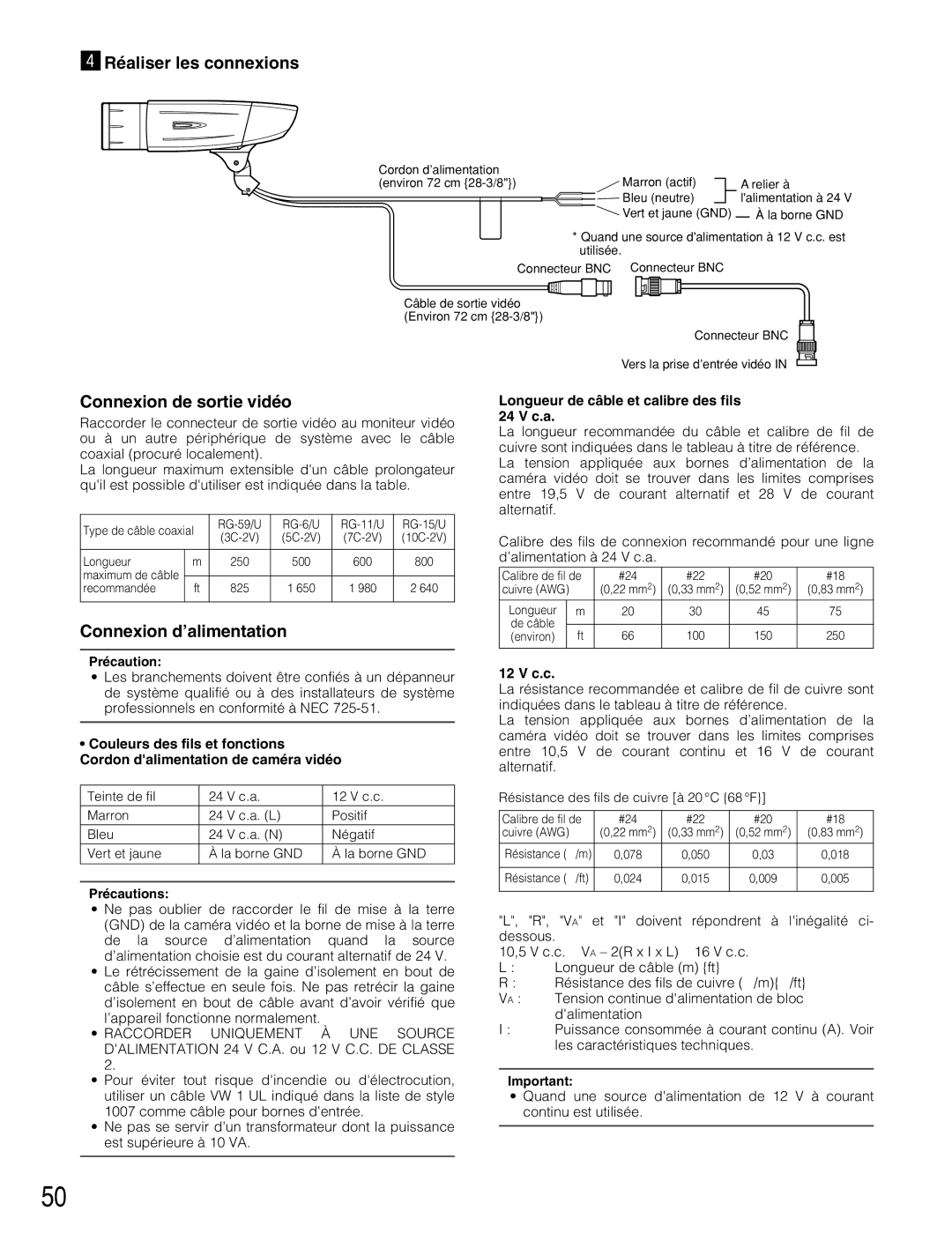 Panasonic WV-CW384 VRéaliser les connexions, Connexion de sortie vidéo, Connexion d’alimentation, 12 V c.c 