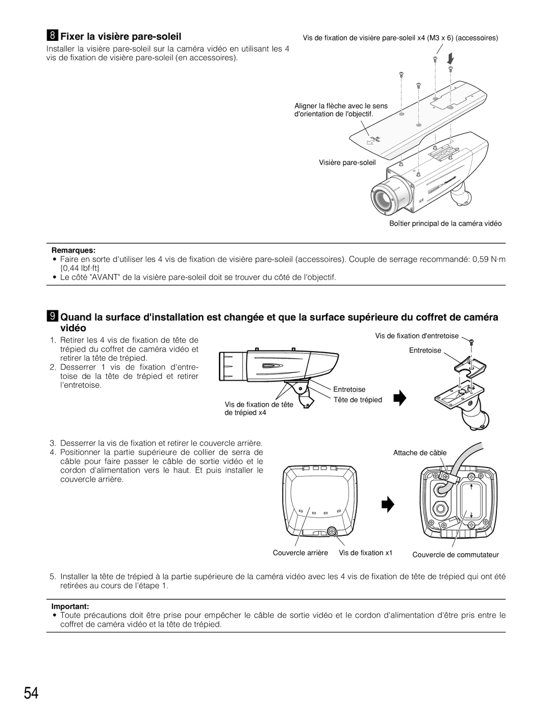 Panasonic WV-CW384 operating instructions Fixer la visière pare-soleil 