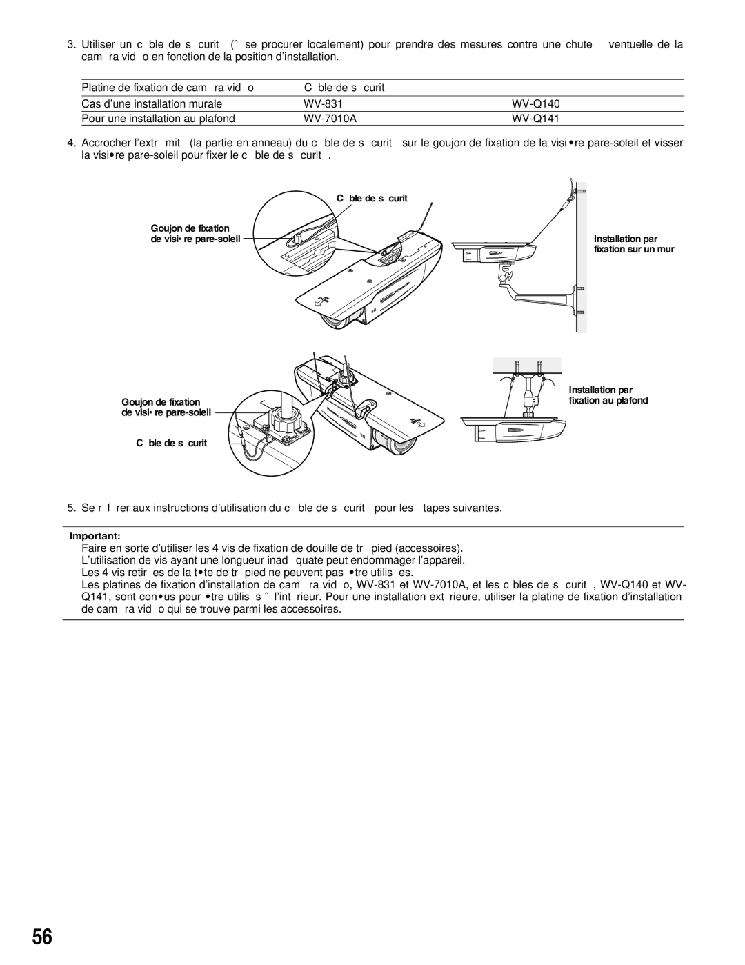 Panasonic WV-CW384 operating instructions Câble de sécurité Goujon de fixation de visière pare-soleil 