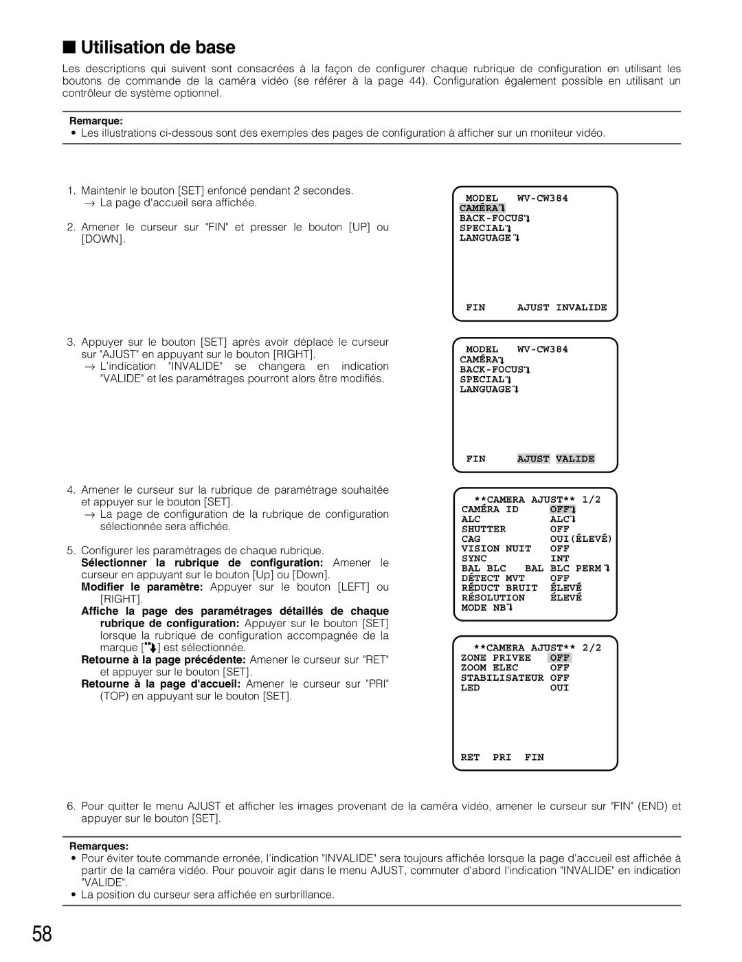 Panasonic WV-CW384 operating instructions Utilisation de base 