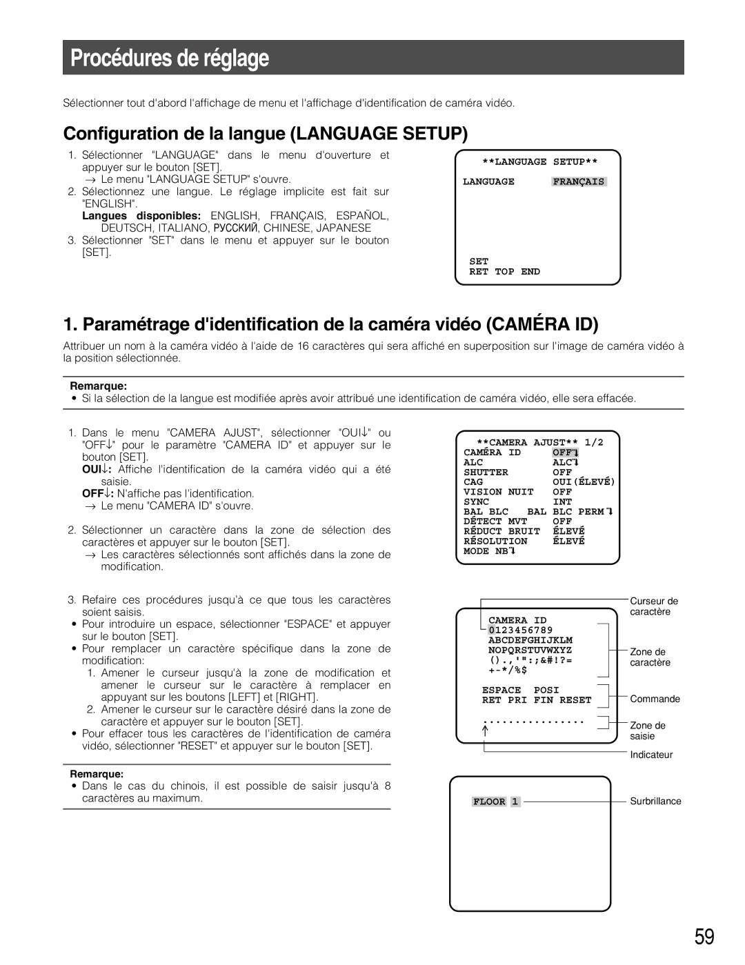 Panasonic WV-CW384 operating instructions Procédures de réglage, Configuration de la langue Language Setup, Remarque 