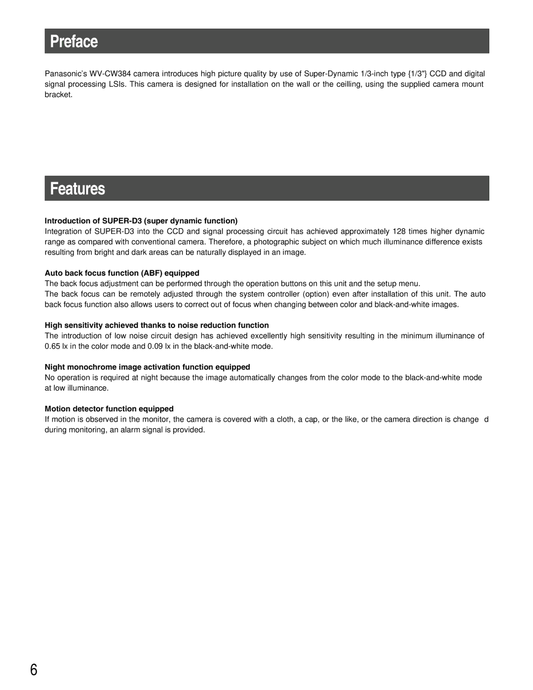 Panasonic WV-CW384 operating instructions Preface, Features 