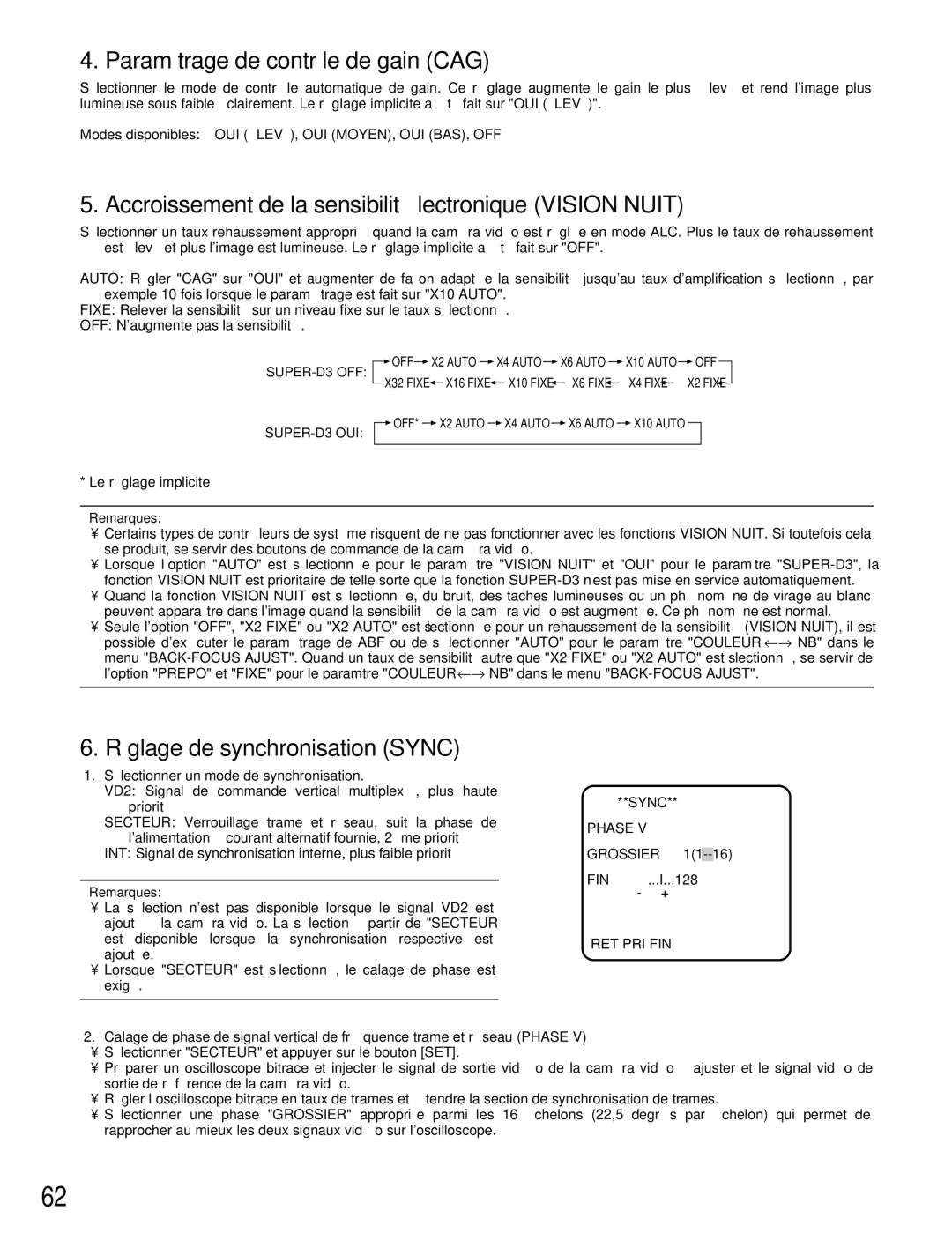 Panasonic WV-CW384 Paramétrage de contrôle de gain CAG, Accroissement de la sensibilité électronique Vision Nuit 