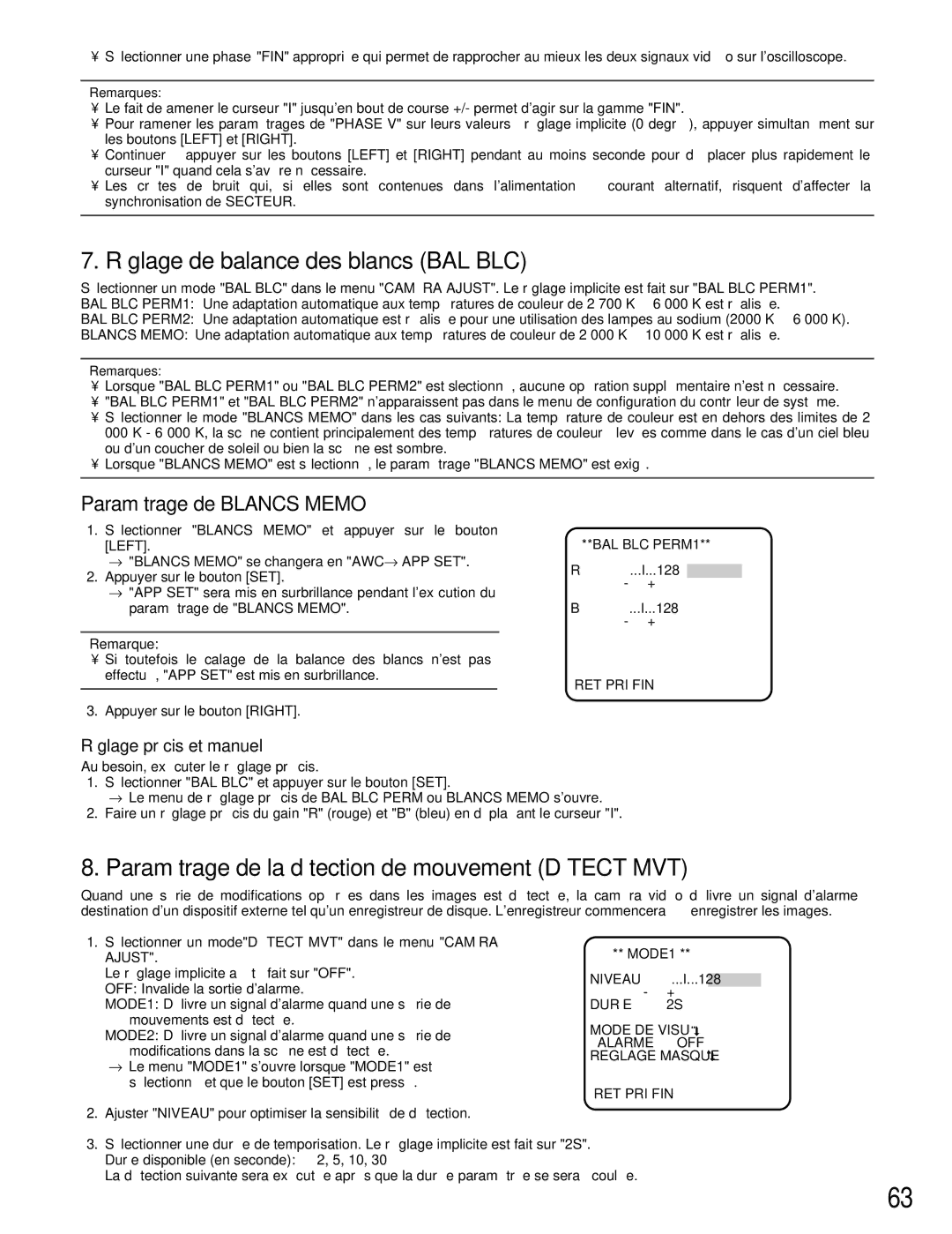 Panasonic WV-CW384 Réglage de balance des blancs BAL BLC, Paramétrage de la détection de mouvement Détect MVT 