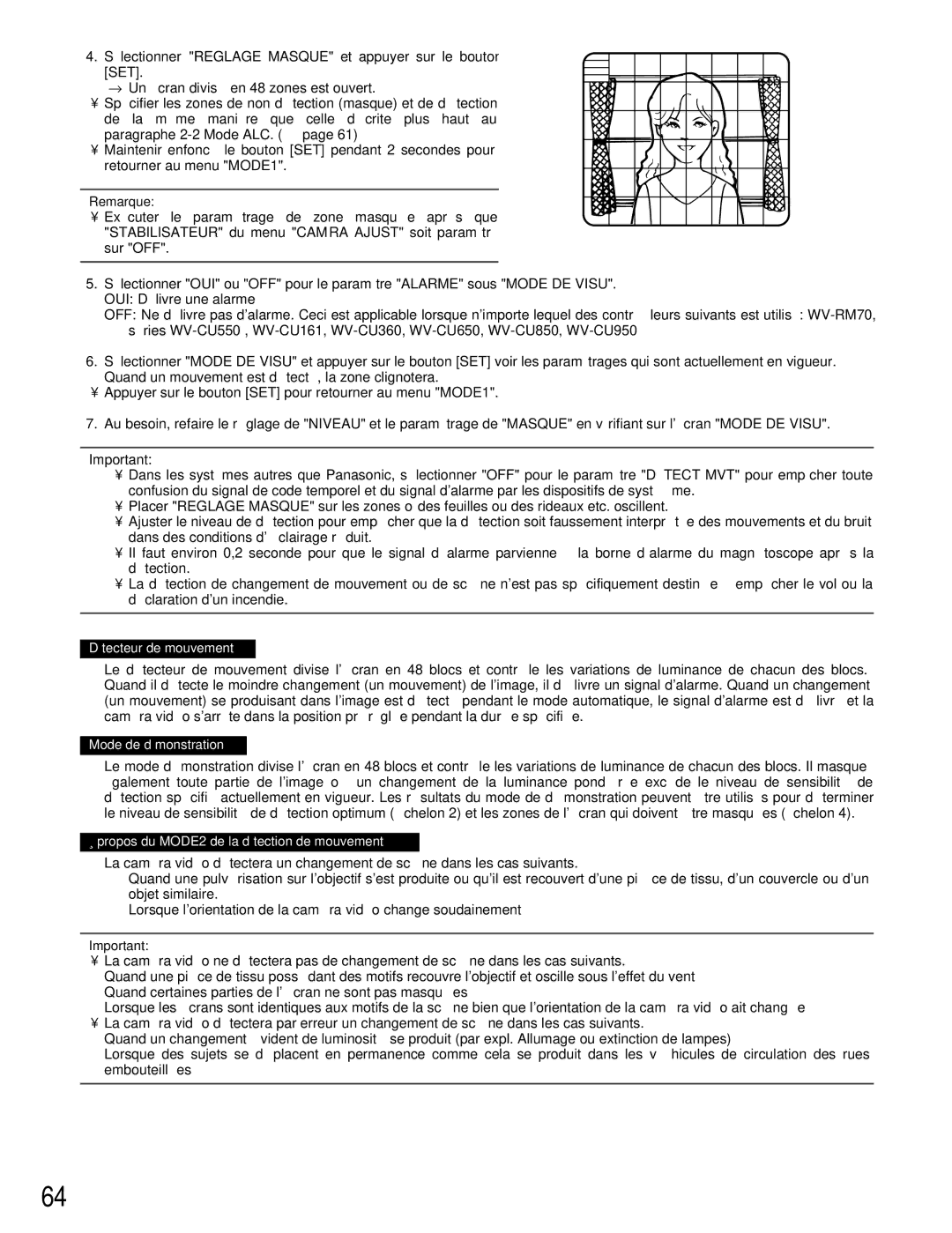 Panasonic WV-CW384 operating instructions Détecteur de mouvement 