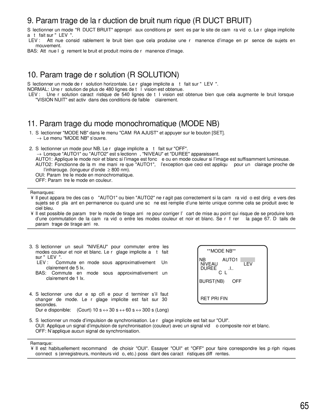 Panasonic WV-CW384 Paramétrage de la réduction de bruit numérique Réduct Bruit, Paramétrage de résolution Résolution 