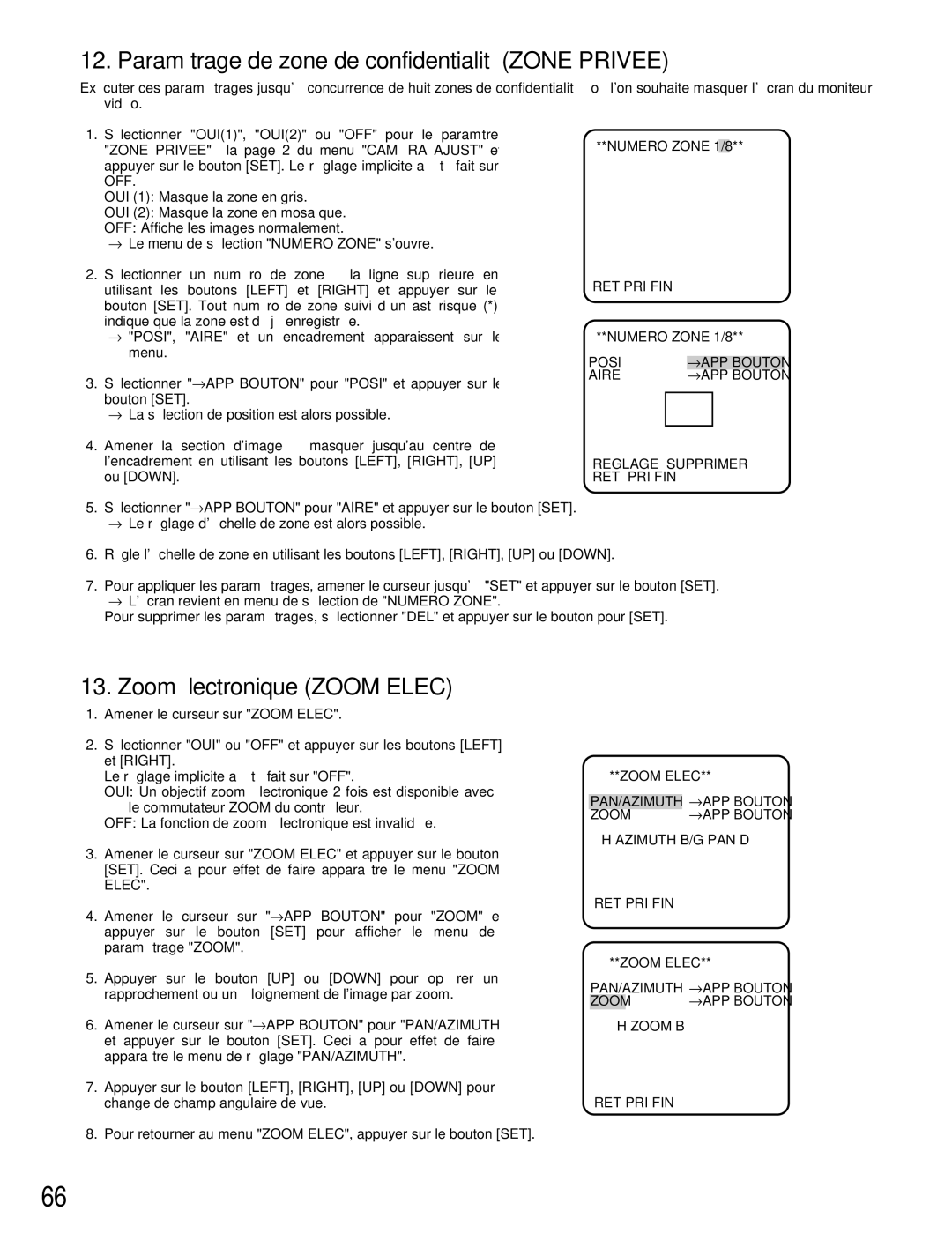 Panasonic WV-CW384 Paramétrage de zone de confidentialité Zone Privee, Zoom électronique Zoom Elec, Numero Zone 