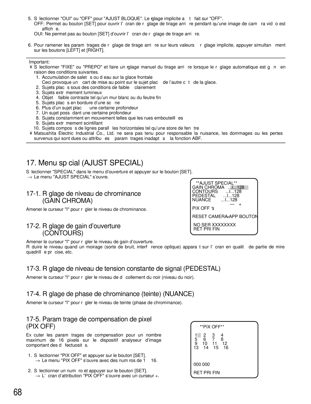 Panasonic WV-CW384 Menu spécial Ajust Special, PIX OFF Reset CAMERA→APP Bouton, No SER Xxxxxxxx RET PRI FIN 