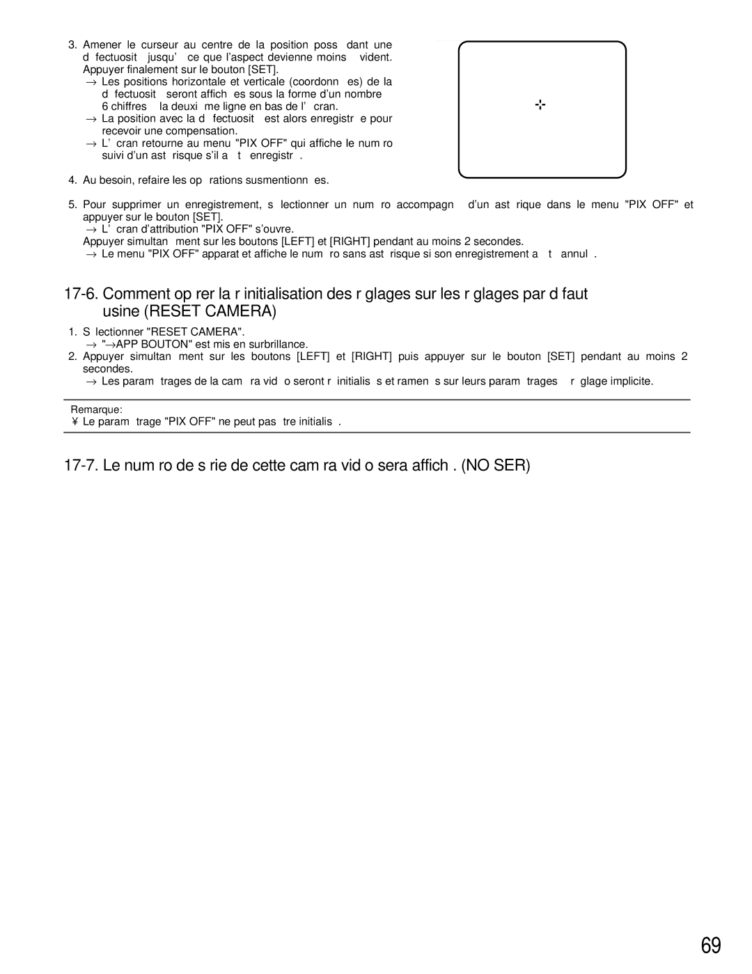 Panasonic WV-CW384 operating instructions Le paramétrage PIX OFF ne peut pas être initialisé 