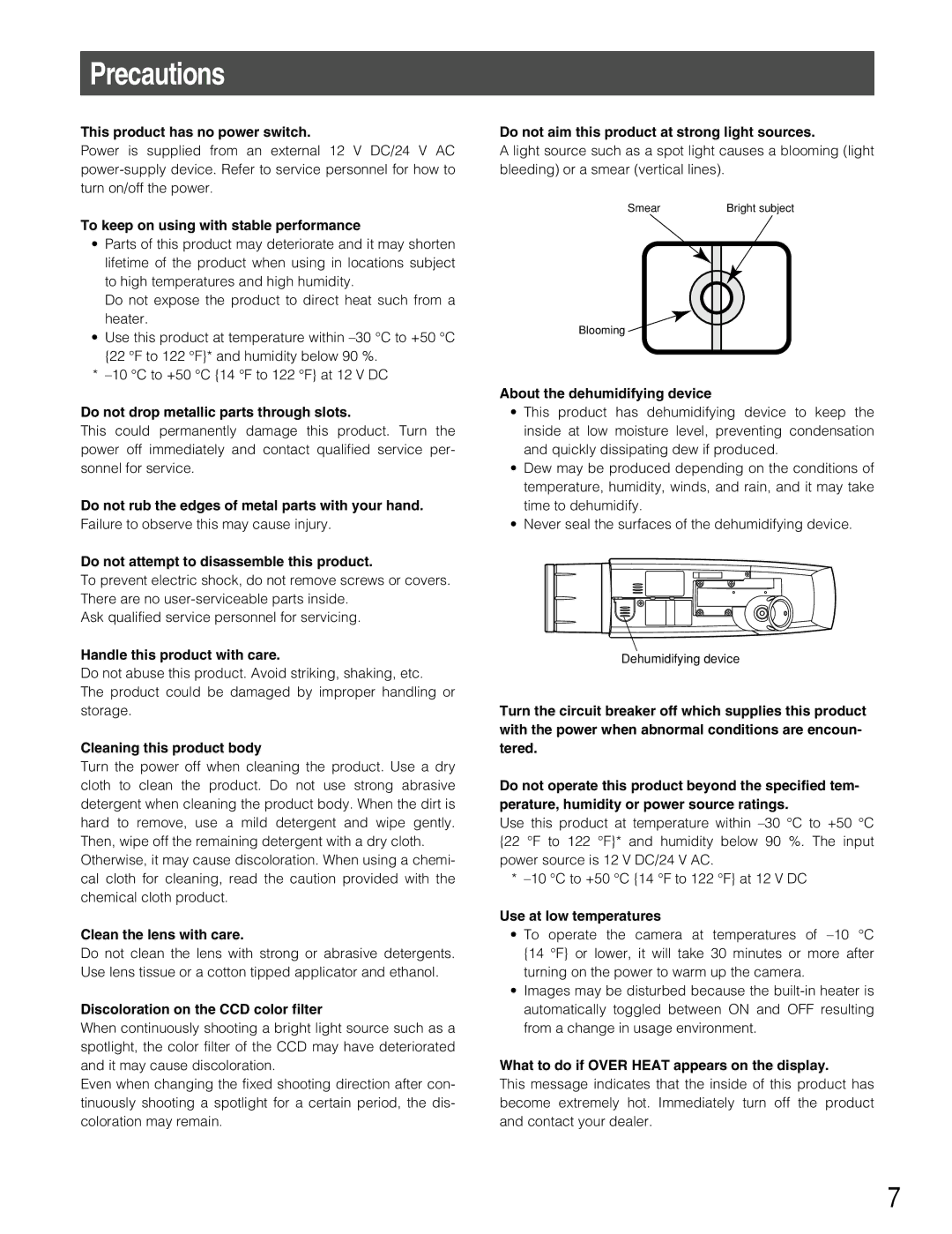 Panasonic WV-CW384 operating instructions Precautions 