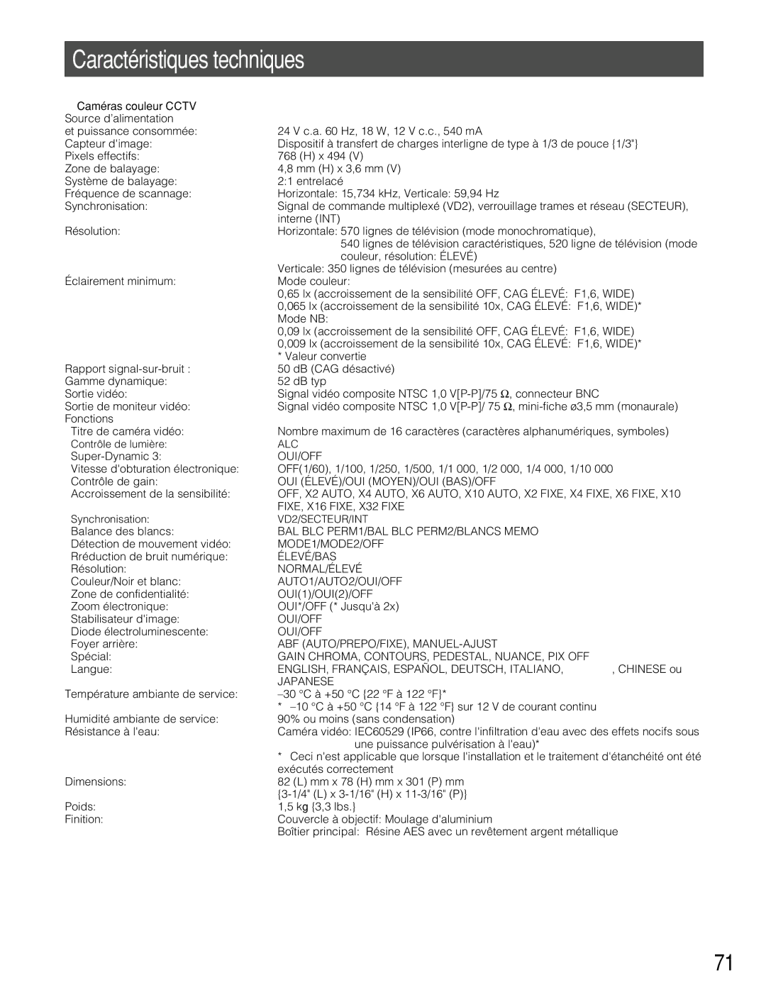 Panasonic WV-CW384 operating instructions Caractéristiques techniques, Caméras couleur Cctv Source d’alimentation 