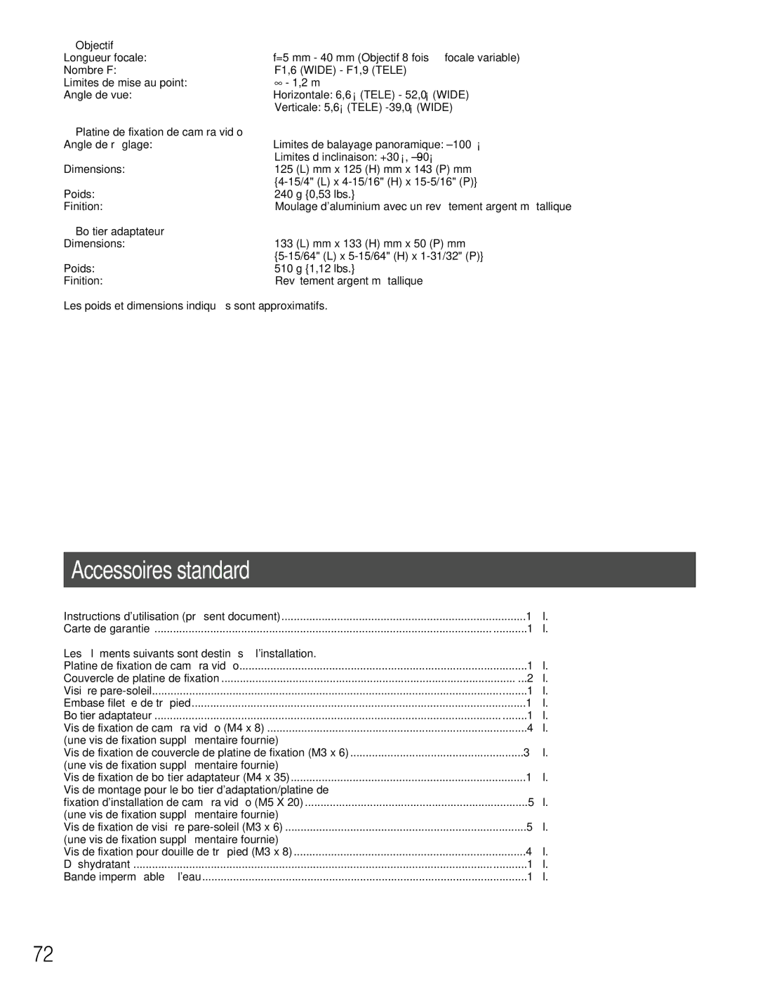 Panasonic WV-CW384 Accessoires standard, Objectif, Platine de fixation de caméra vidéo, Boîtier adaptateur 