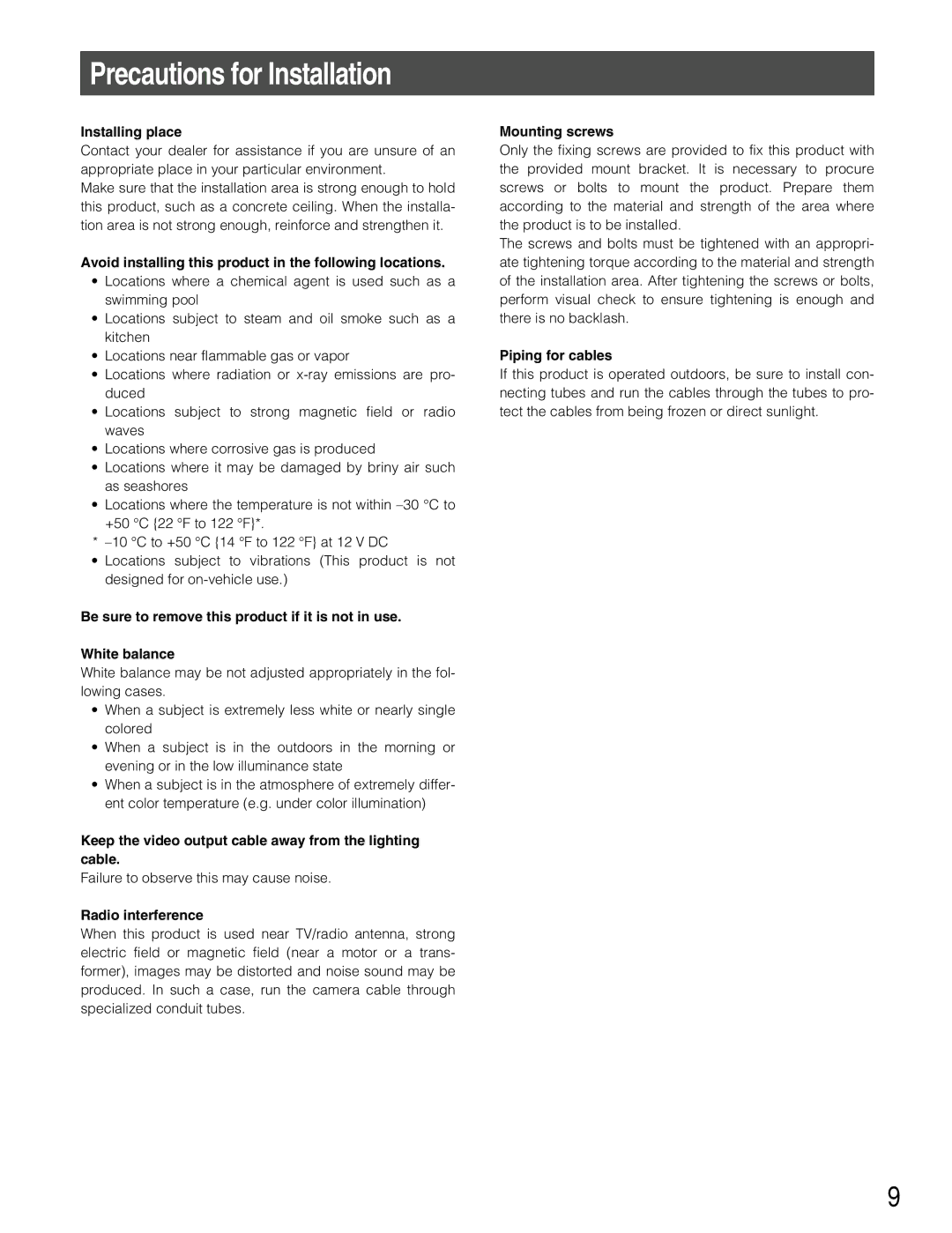 Panasonic WV-CW384 operating instructions Precautions for Installation 