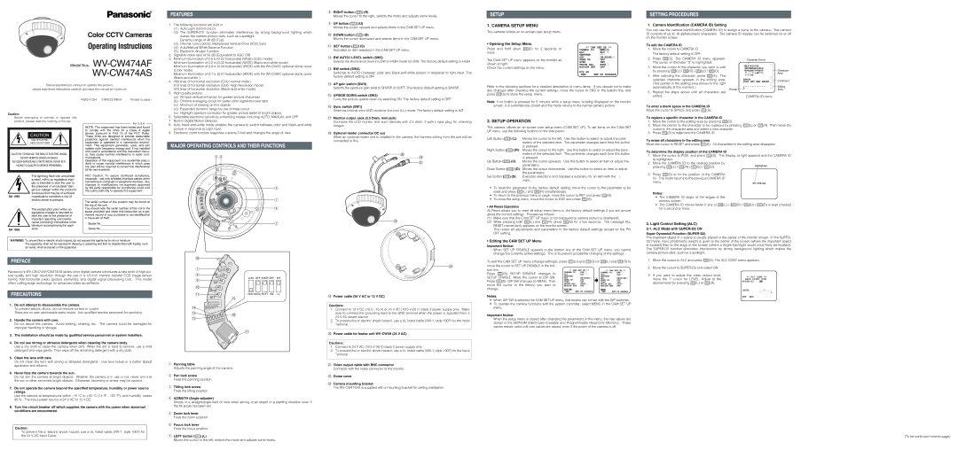 Panasonic WV-CW474A operating instructions Opening the Setup Menu, Camera Identification Camera ID Setting 