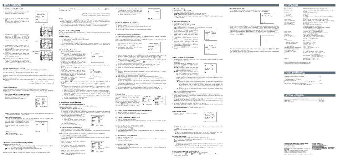 Panasonic WV-CW474A Synchronization Setting Sync, Motion Detector Setting Motion DET, Shutter Speed Setting Shutter 