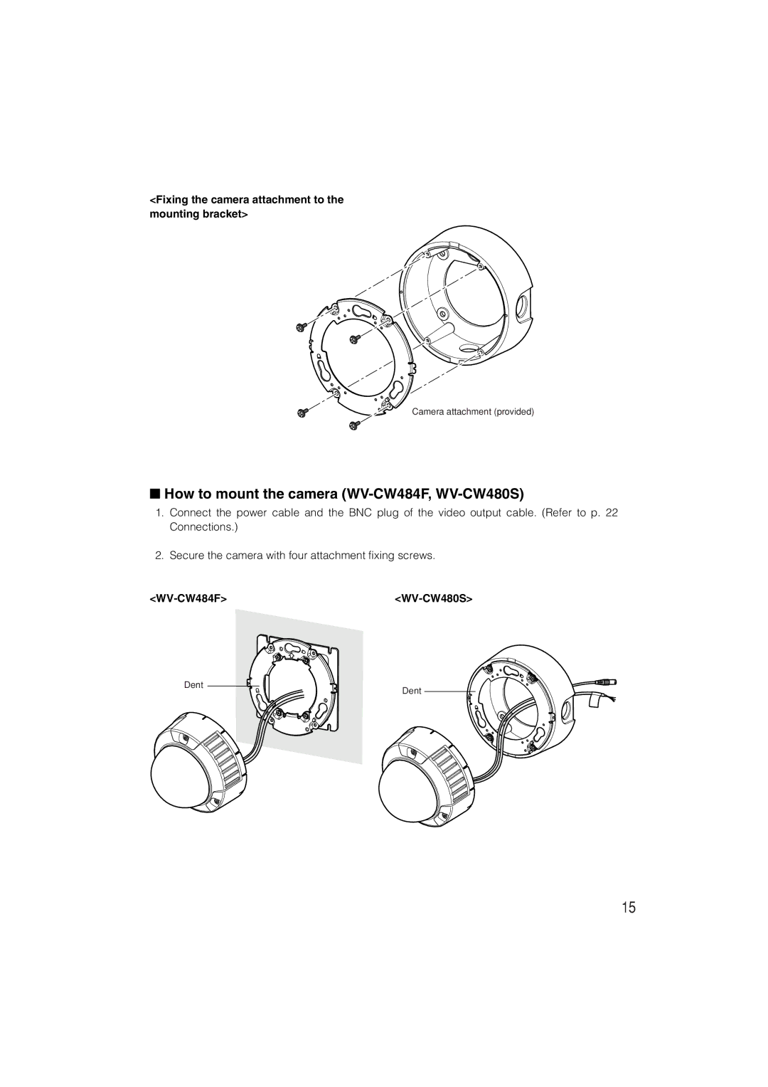 Panasonic How to mount the camera WV-CW484F, WV-CW480S, Fixing the camera attachment to the mounting bracket 