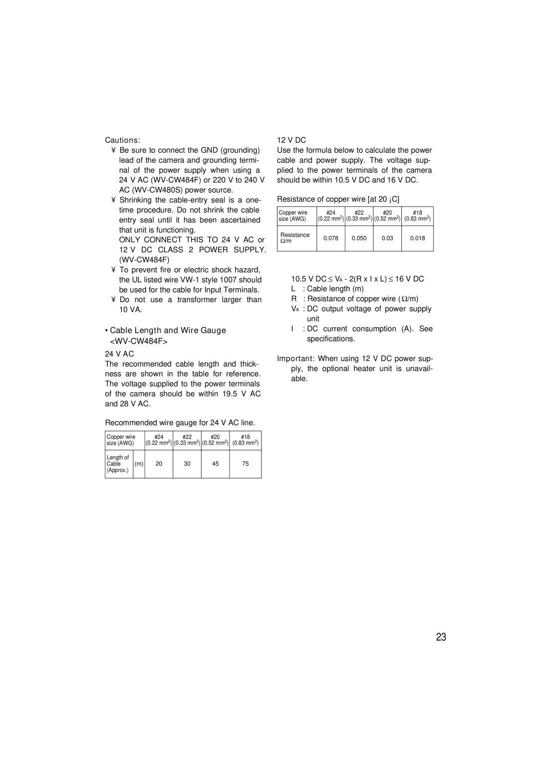 Panasonic WV-CW480S operating instructions Cable Length and Wire Gauge WV-CW484F, DC Class 2 Power SUPPLY. WV-CW484F 