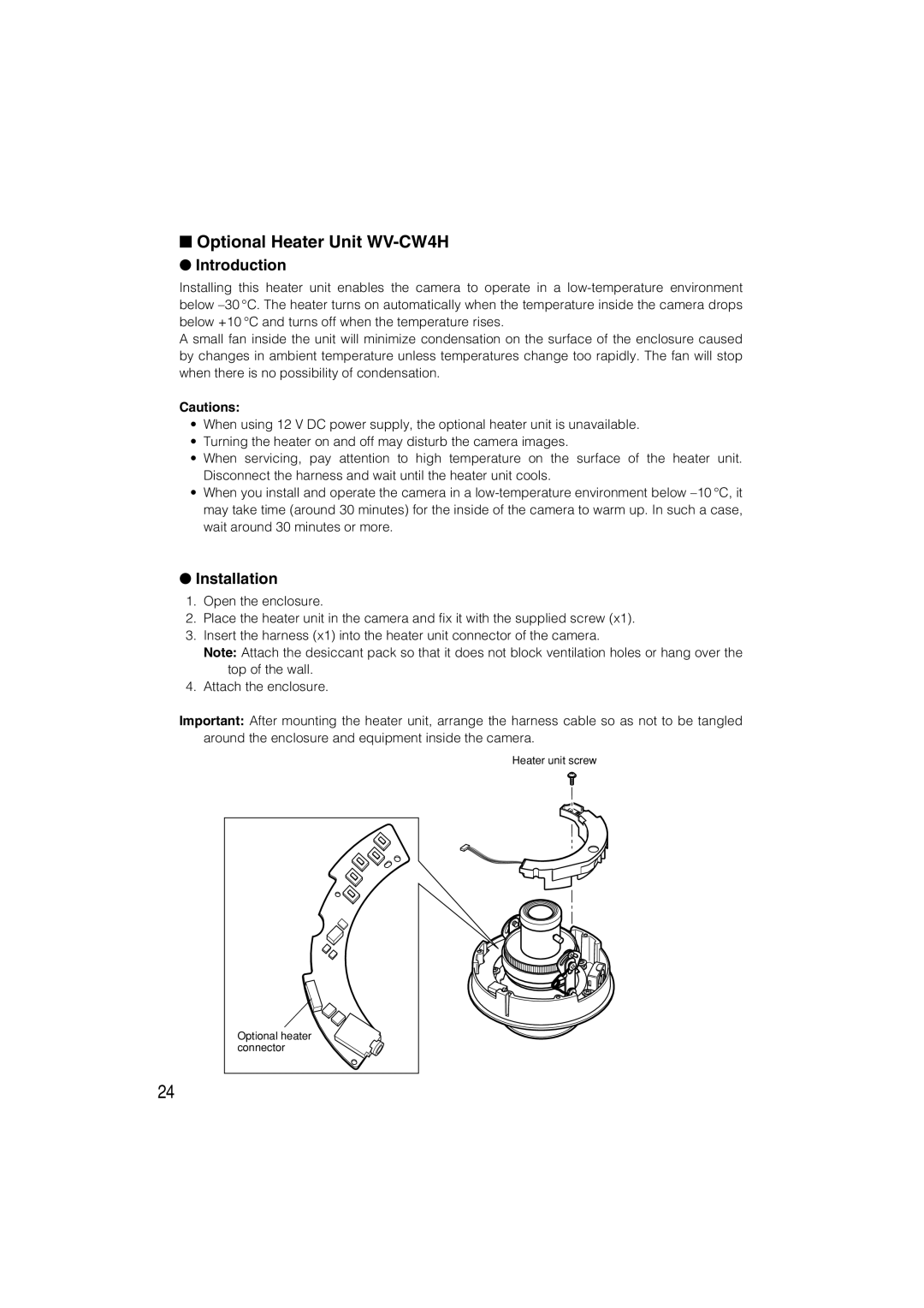 Panasonic WV-CW480S operating instructions Optional Heater Unit WV-CW4H, Introduction, Installation 