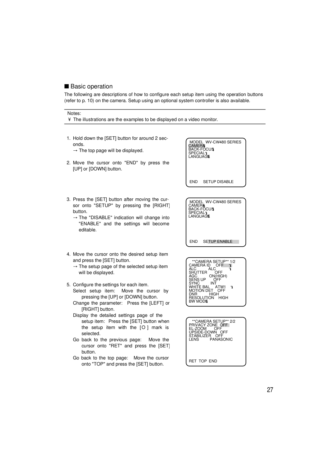 Panasonic WV-CW480S operating instructions Basic operation 